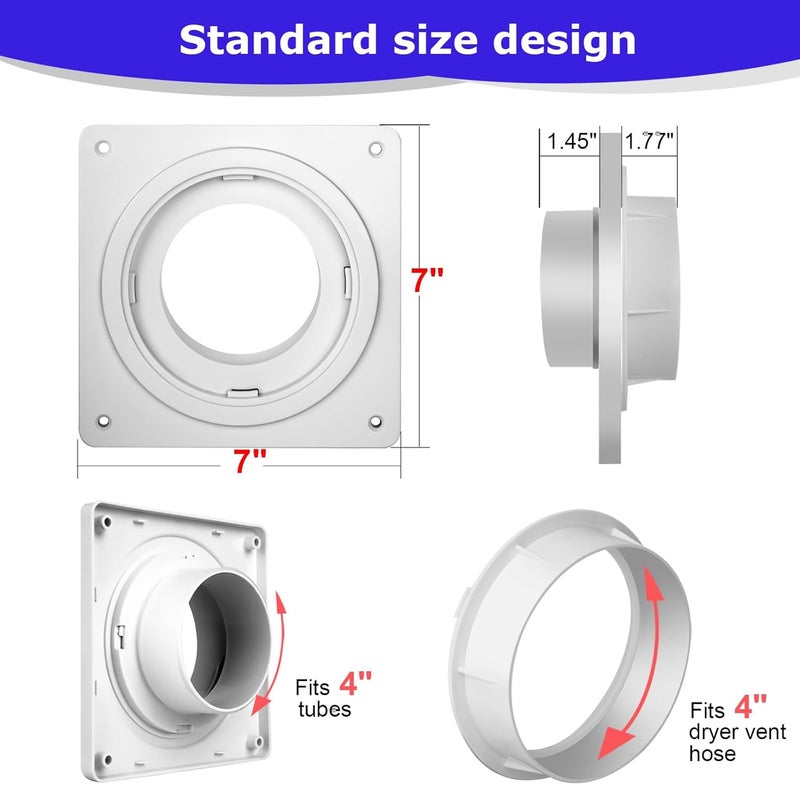 Senshare Dryer Vent Connector Kit, Dryer Vent Wall Plate with Quick Connect & Disconnect, Twist Lock Dryer Duct Connector Kit Fits 4 Inch Tubes, Covers Area 7 Inch x 7 Inch, for Dryer Washer Bathroom - Image 3
